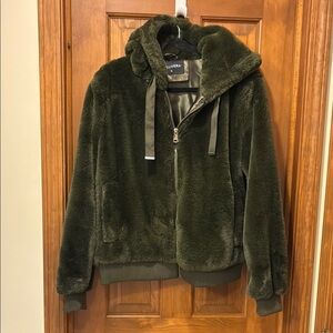 Bellivera Olive Green Faux Fur bomber Jacket XL hooded cozy